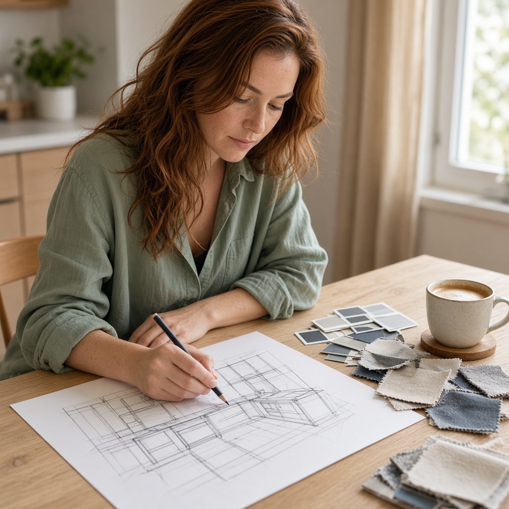A designer sketching a kitchen layout beside material swatches