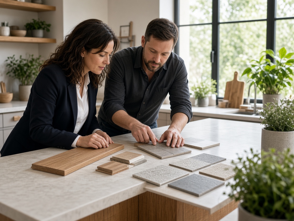 Two craftspeople reviewing material samples in a bright kitchen