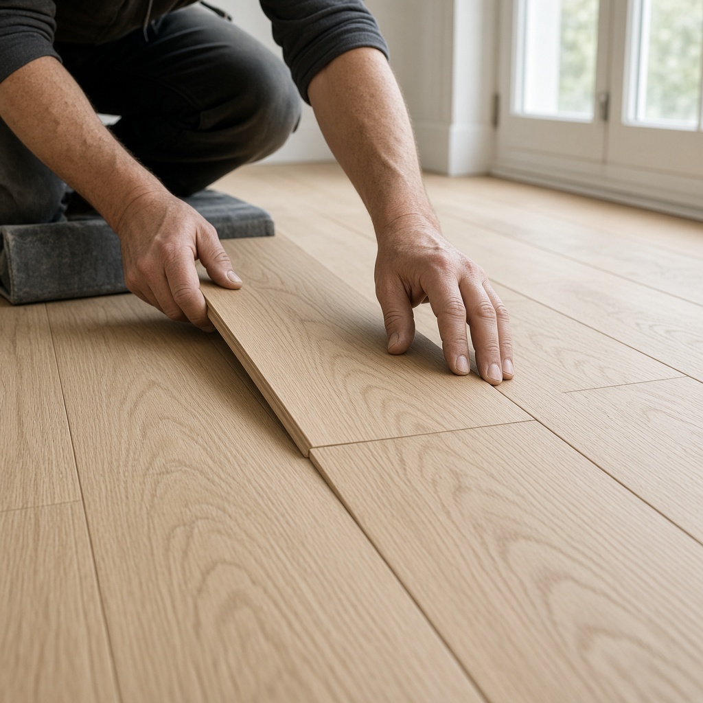 Hands setting a white oak floor board